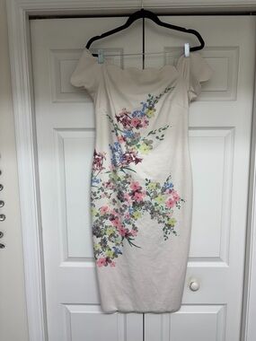 Ted Baker Cream One-Shoulder Floral Sheath Dress with Scalloped Neckline